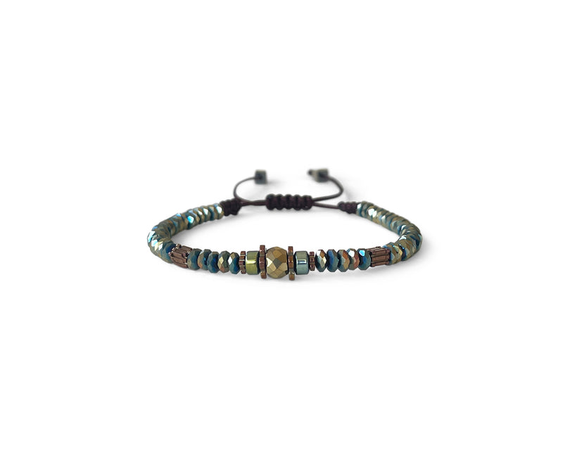 Hematite Green with Gold Hand-Knitted Bracelet
