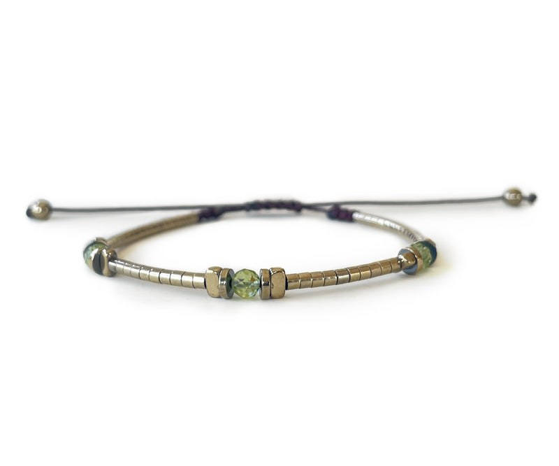 Hematite with Three Peridot G-Collection Hand-Knitted Bracelet