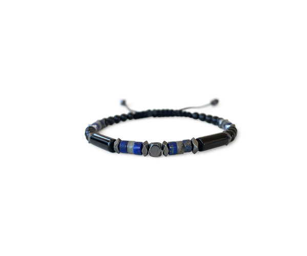 Onyx Long-Bead with Lapis Men's Hand-Knitted Bracelet