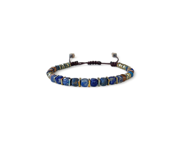 Lapis Lazuli Square with Gold Hematite Hand-Knitted Bracelet 4 mm