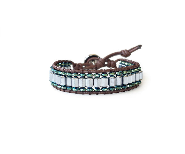 Hematite Long-Beads Hand-Stitched Wrap Bracelet
