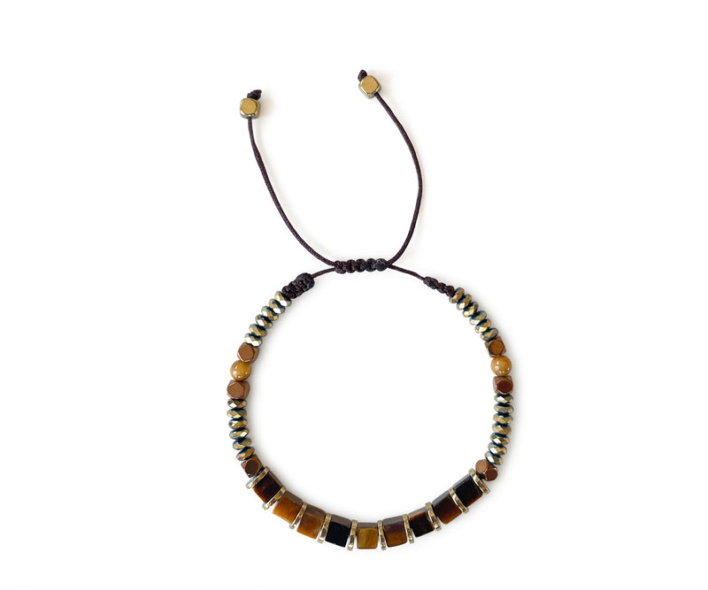 Tiger's Eye Squared with Gold Hematite Hand-Knitted Bracelet