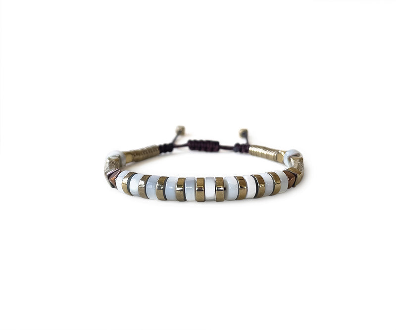 Mother of Pearl With Gold Hematite Hand-Knitted Bracelet 5mm