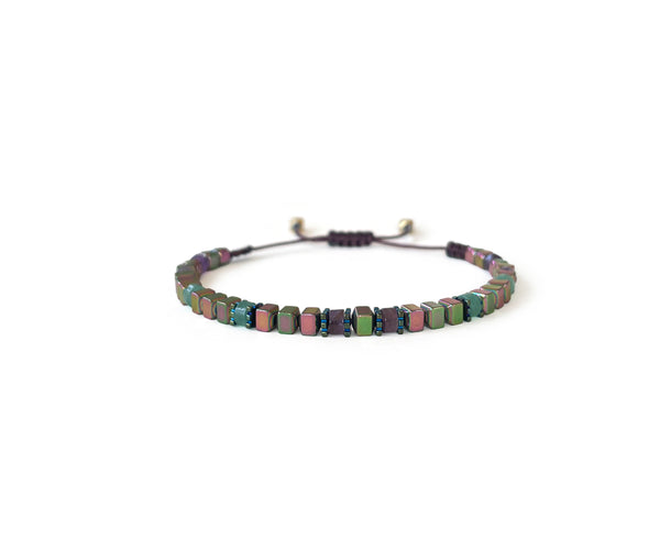 Hematite Multi-Colored Squared Hand-Knitted Bracelet