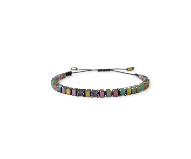 Hematite Multi-Colored Squared Hand-Knitted Bracelet