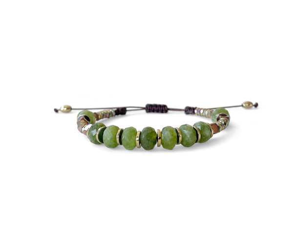 Green Jade Ellipse with Gold Hematite Hand-Knitted Bracelet 8mm