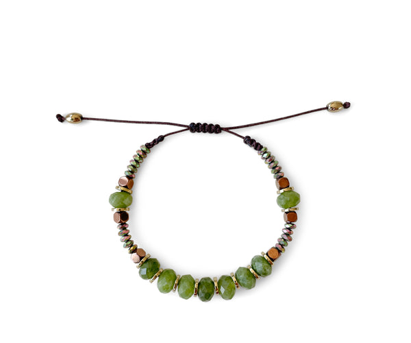 Green Jade Ellipse with Gold Hematite Hand-Knitted Bracelet 8mm
