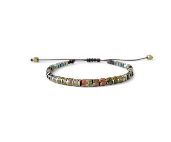 Unakite Ellipse with Gold Hematite Hand-Knitted Bracelet 3mm