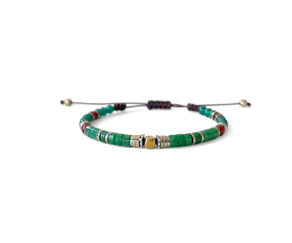 Green Agate Ellipse with Carnelian Hand-Knitted Bracelet