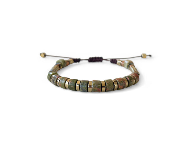 Unakite Ellipse with Gold Hematite Hand-Knitted Bracelet 5mm