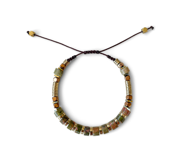 Unakite Ellipse with Gold Hematite Hand-Knitted Bracelet 5mm