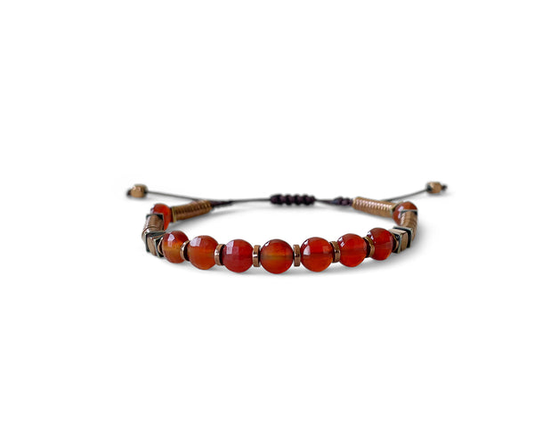 Carnelian Coined with Hematite Hand-Knitted Bracelet