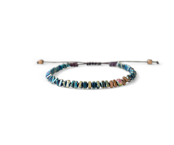 Hematite Green-Gold Triangle Hand-Knitted Bracelet