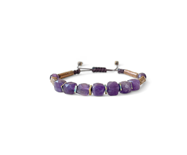 Amethyst Squared Beads Hand-Knitted Bracelet 8mm
