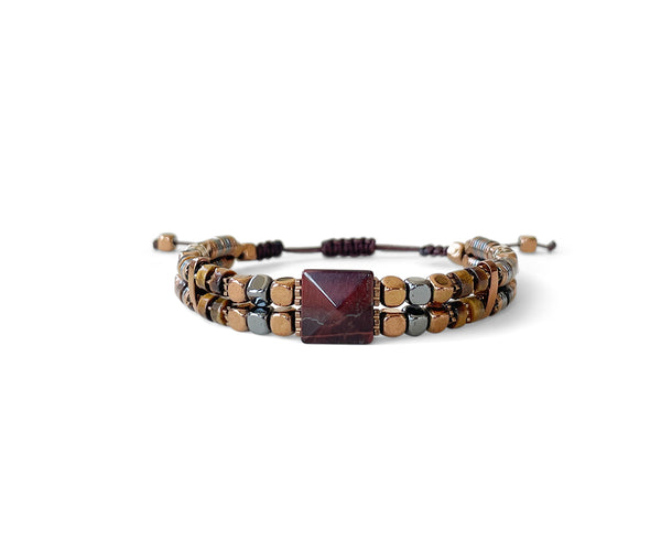 Tiger's Eye Double with Hematite Hand-Knitted Bracelet