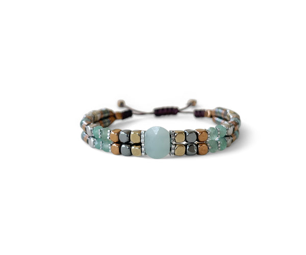 Amazonite Double with Hematite Hand-Knitted Bracelet