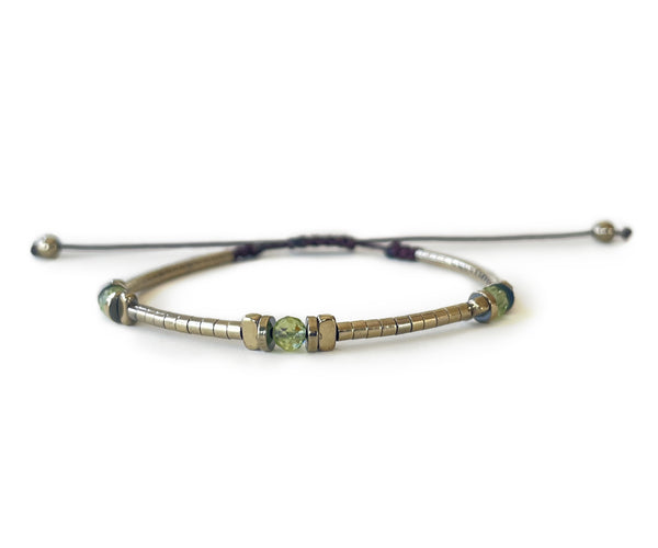 Hematite with Three Peridot G-Collection Hand-Knitted Bracelet