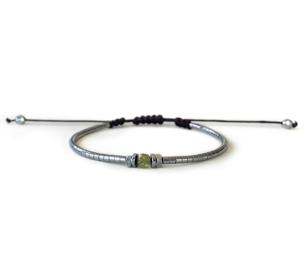 Hematite Silver with Peridot G-Collection Hand-Knitted Bracelet