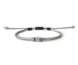 Hematite Silver with Rose Quartz G-Collection Hand-Knitted Bracelet