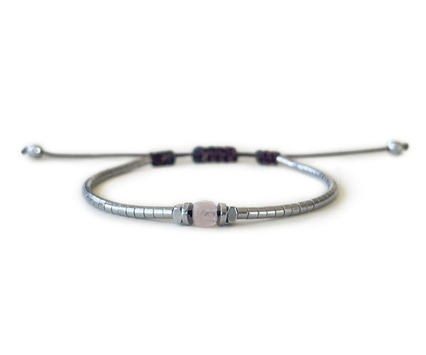 Hematite Silver with Rose Quartz G-Collection Hand-Knitted Bracelet