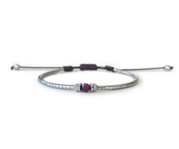 Hematite Silver with Garnet G-Collection Hand-Knitted Bracelet