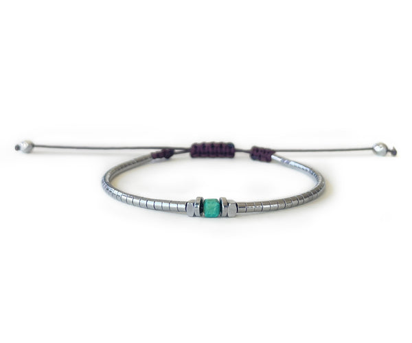 Hematite Silver with Turquoise G-Collection Hand-Knitted Bracelet