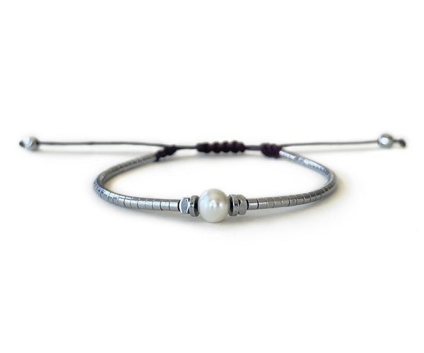 Hematite Silver with Natural Pearl G-Collection Hand-Knitted Bracelet