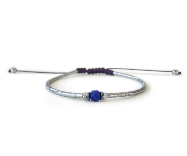 Hematite Silver with Lapis Lazuli G-Collection Hand-Knitted Bracelet