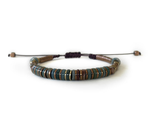Moss Agate with Rose Hematite Hand-Knitted Bracelet