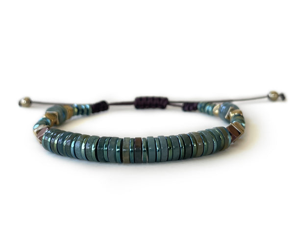 Moss Agate with Green Hematite Hand-Knitted Bracelet