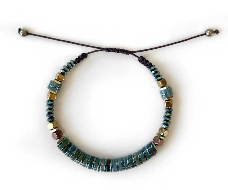 Moss Agate with Green Hematite Hand-Knitted Bracelet