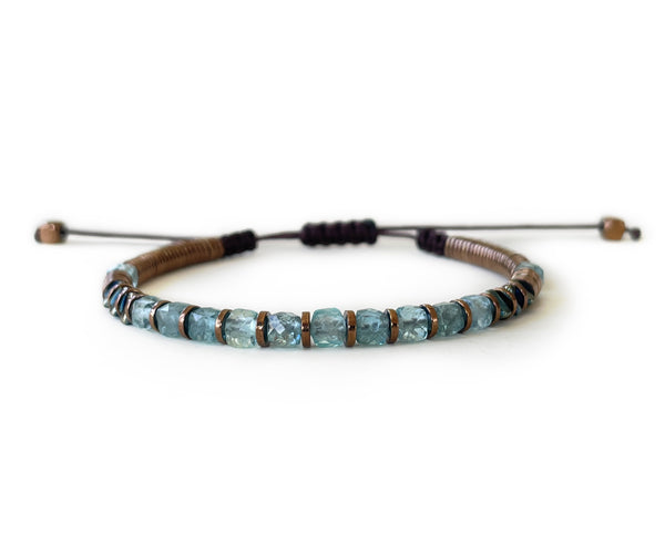 Aquamarine Green Square with Hematite Hand-Knitted Bracelet
