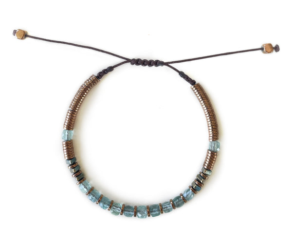 Aquamarine Green Square with Hematite Hand-Knitted Bracelet