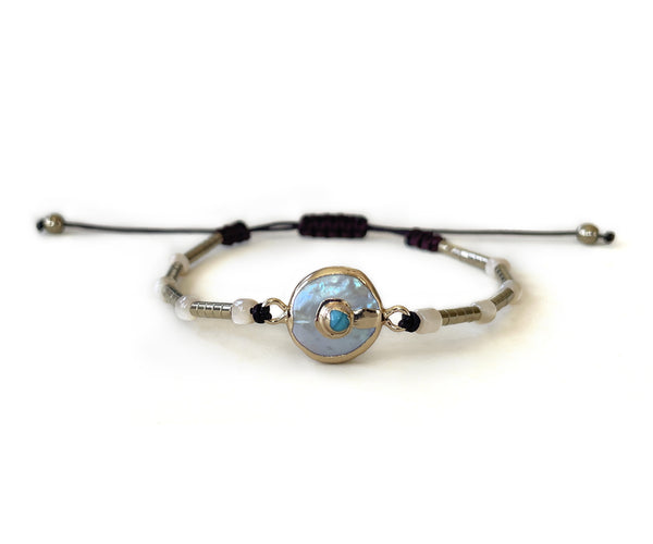 Hematite Gold with Pearl Evil Eye Hand-Knitted Bracelet
