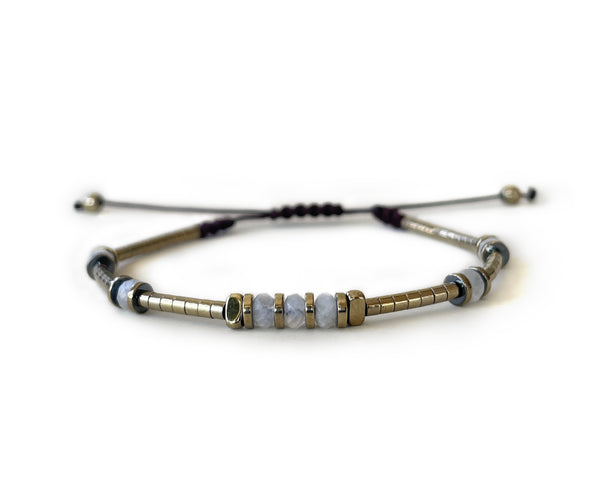 White Moonstone with Hematite Hand-Knitted Bracelet