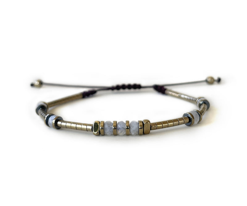 White Moonstone with Hematite Hand-Knitted Bracelet
