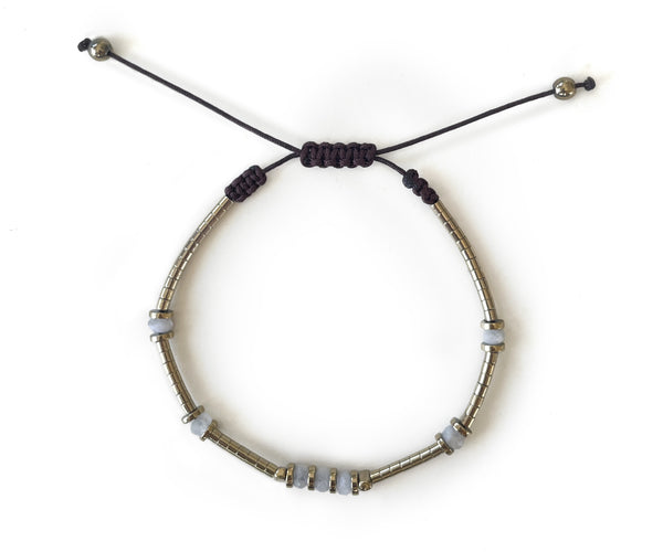White Moonstone with Hematite Hand-Knitted Bracelet