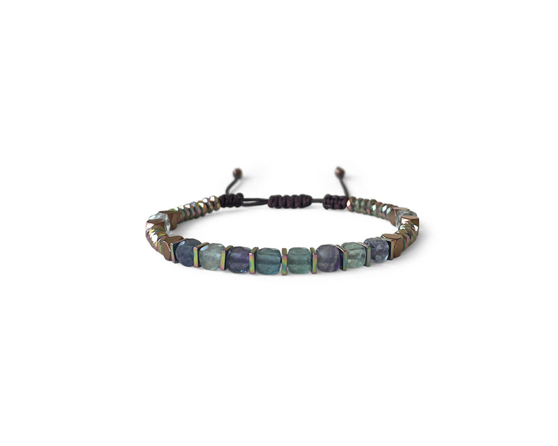 Fluorite Squared with Hematite Hand-Knitted Bracelet