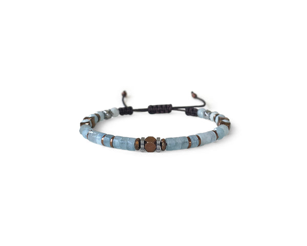 Aquamarine Ellipse Cylinder with Hematite Hand-Knitted Bracelet