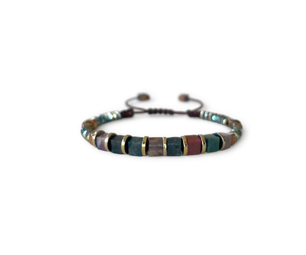 Moss Agate square with Gold Hematite Hand-Knitted Bracelet