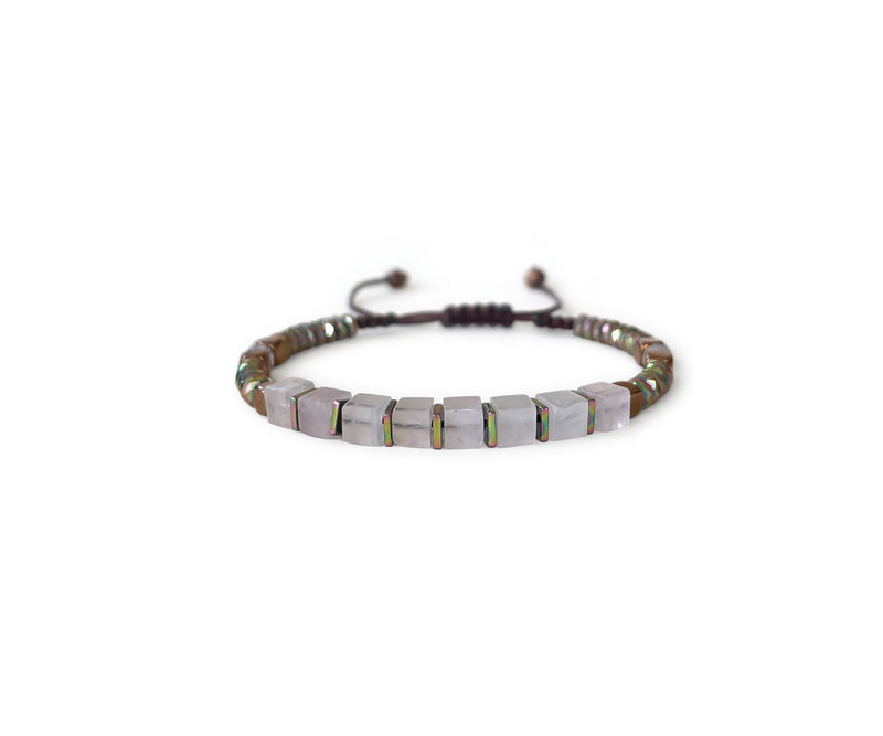 Rose Quartz Square with Gold Hematite Hand-Knitted Bracelet