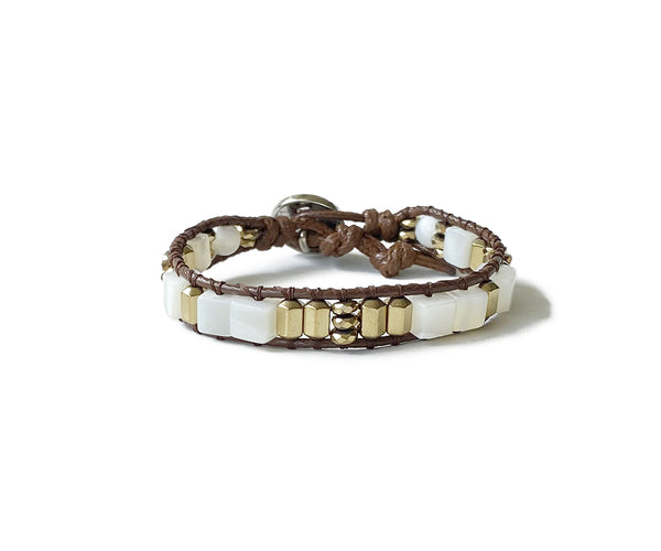 Mother of Pearl Squared Beads With Golden Hematite Wrap Bracelet - Cocosh