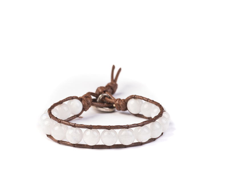 Rainbow Moonstone Brown Leather Hand-Stitched Wrap Bracelet 8mm - Cocosh