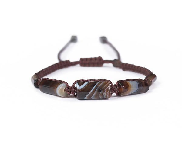 African Crazy-Laced Agate Men's Brown Cord Hand-Knitted Bracelet - Cocosh