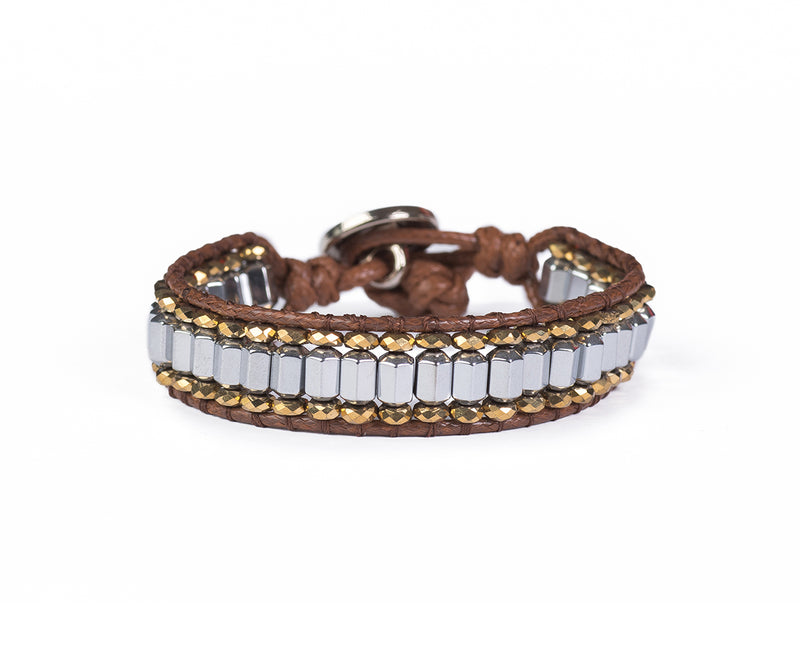 Hematite Silver on Gold Hand-Stitched Wrap Bracelet - Cocosh