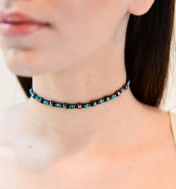 Turquoise with Hematite Glint Hand-Knitted Choker