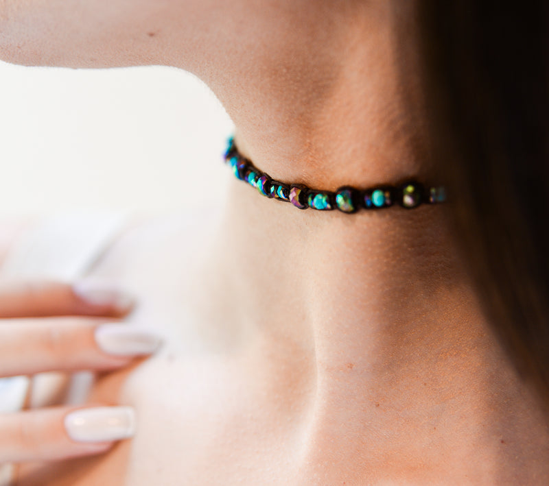 Turquoise with Hematite Glint Hand-Knitted Choker