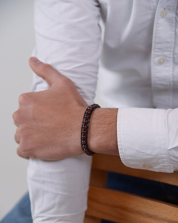 Garnet Men's Hand-Stitched Wrap Bracelet 6mm