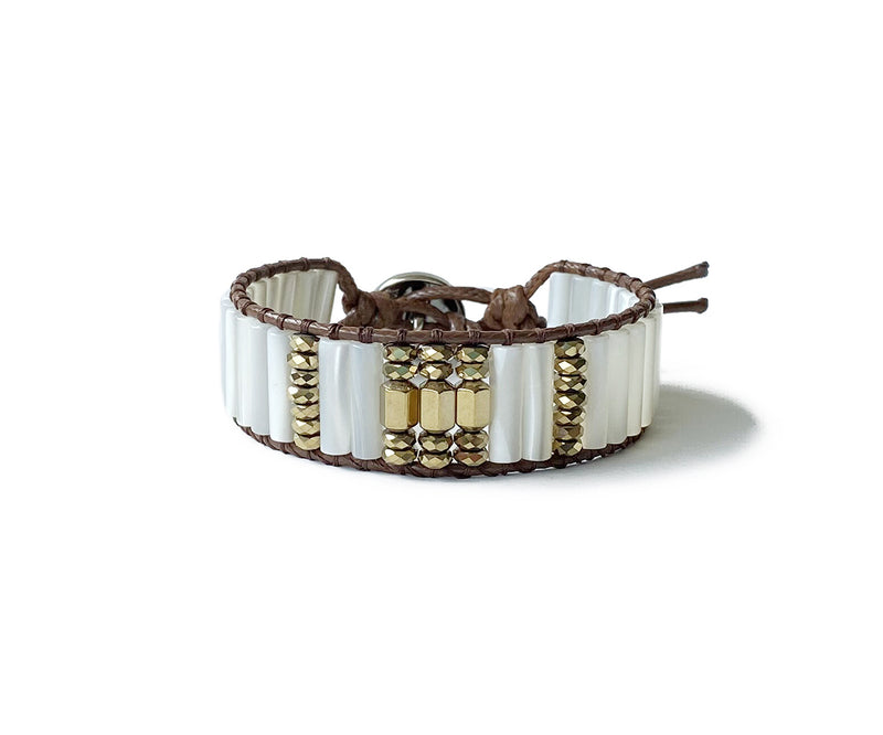 Mother of Pearl Hand-Stitched Long Beads With Hematite Wrap Bracelet - Cocosh