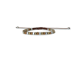 Hematite Gold, Rose & Silver Rectangle Hand-Knitted Bracelet (Brown Thread) - Cocosh